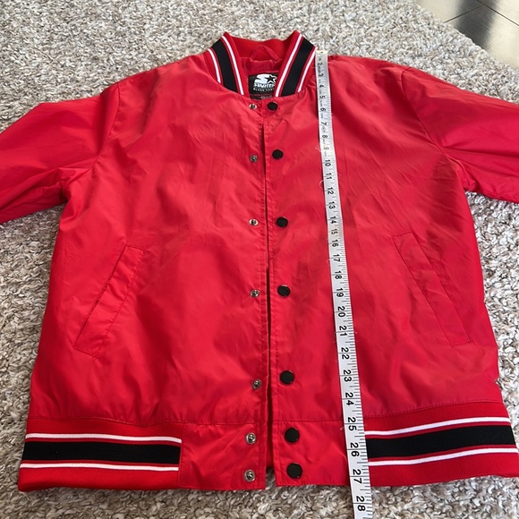 Starter Red Button Up Bomber Jacket with Stripe Sleeves, Waistband and Neck Sz M - Picture 7 of 10